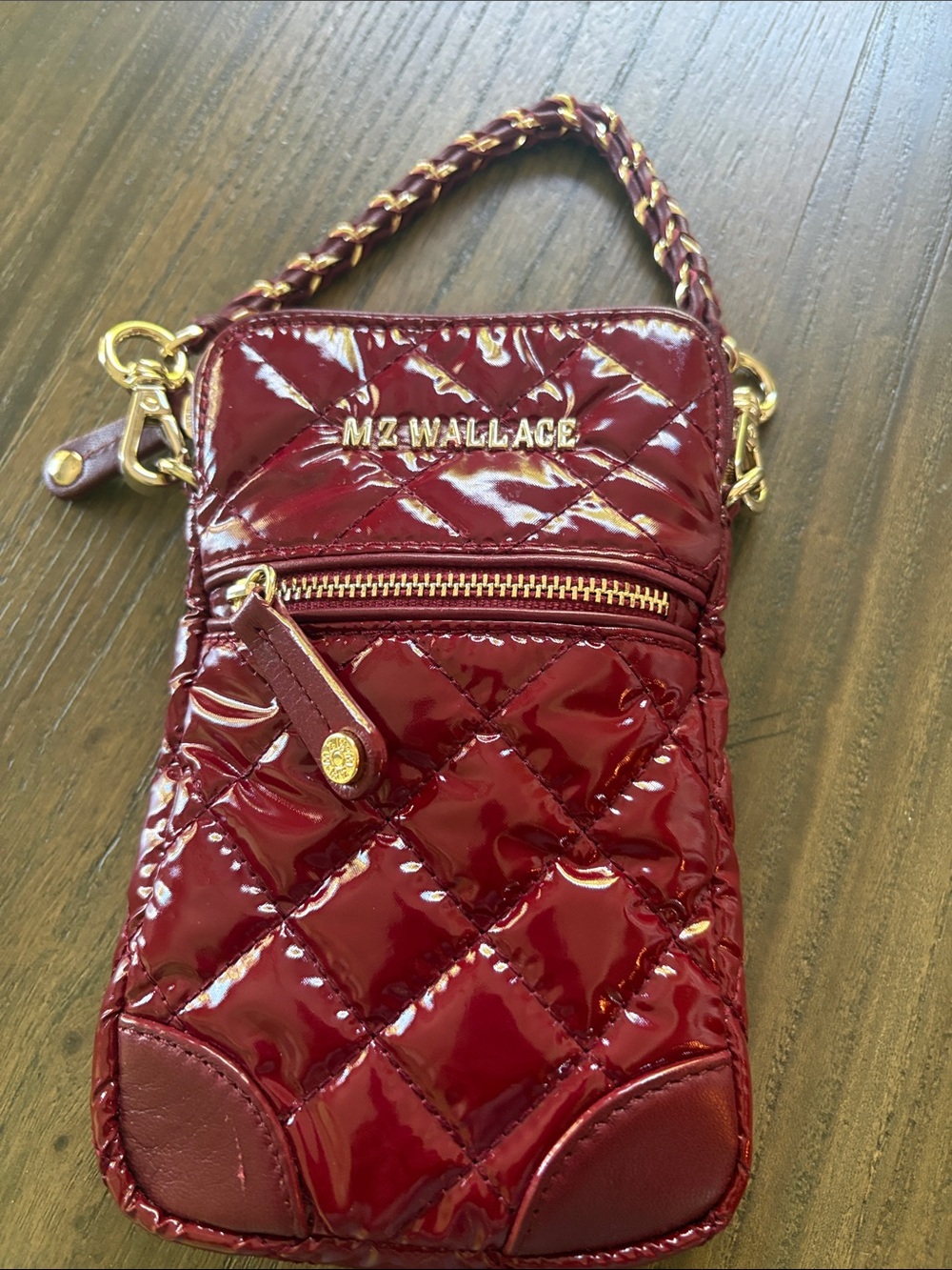 MZ Wallace Quilted Patent Crossbody in Deep Burgundy with Gold Hardware